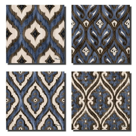 12x12 Patterned - Blue Brown and White Indigo Ikat Patterned Prints; Four 12x12 Poster Prints