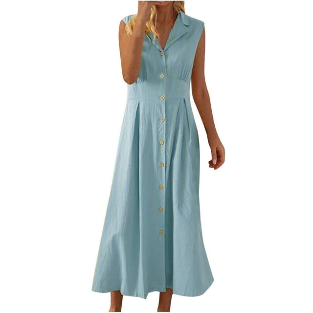 Hyknon Women's Cotton Plus Size Tank Dress Solid Color Sleeveless A-Line Shirt Dress Summer Collared Button Down Ruffle Hem Tunic Maxi Dress S-3XL