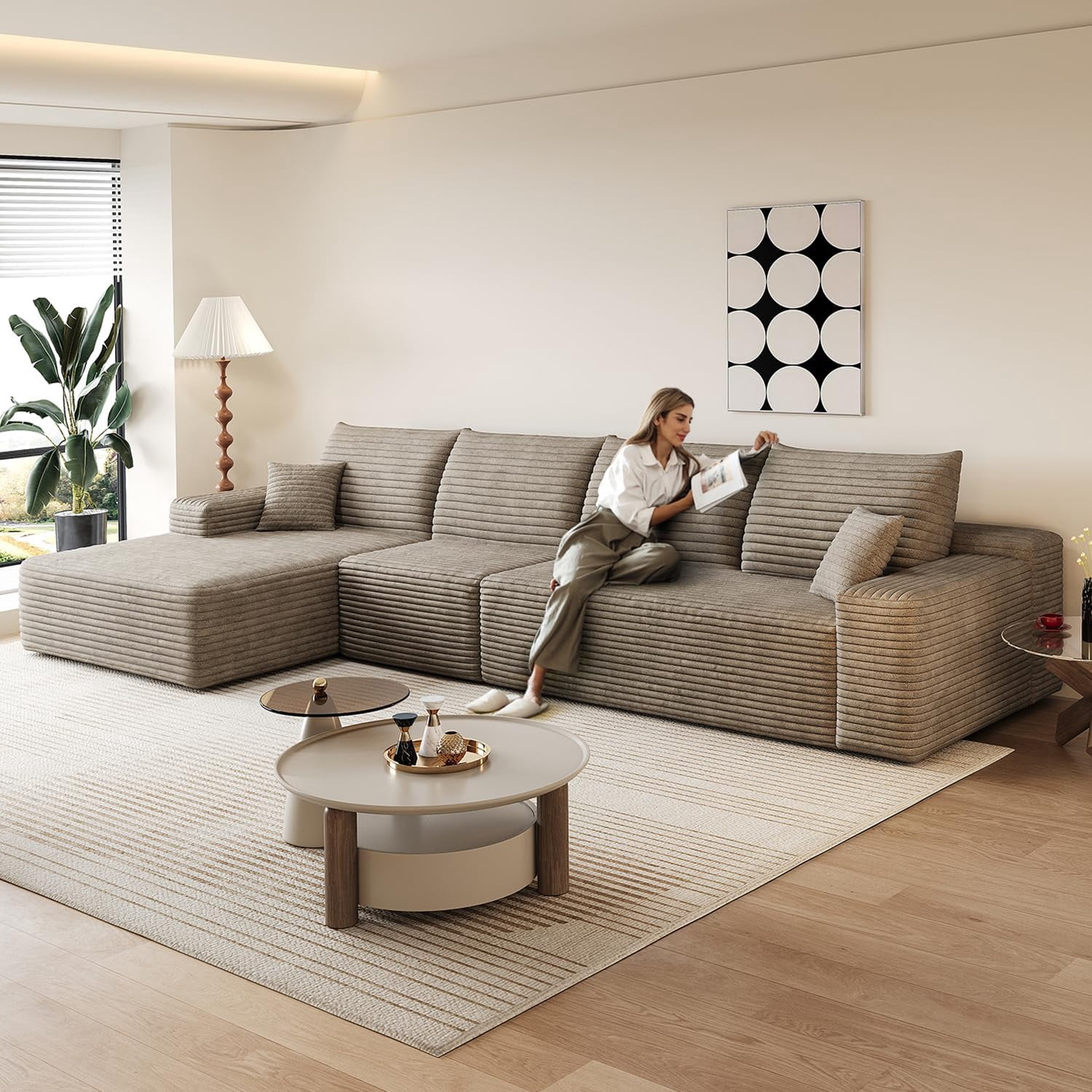 Sailvan 135" Cloud Sectional Couch, Cloudy Sofa with L-Shape Chaise, Upholstered Couches for Living Room & Bedroom, No Assembly Required, Plush Corduroy Fabric, Camel