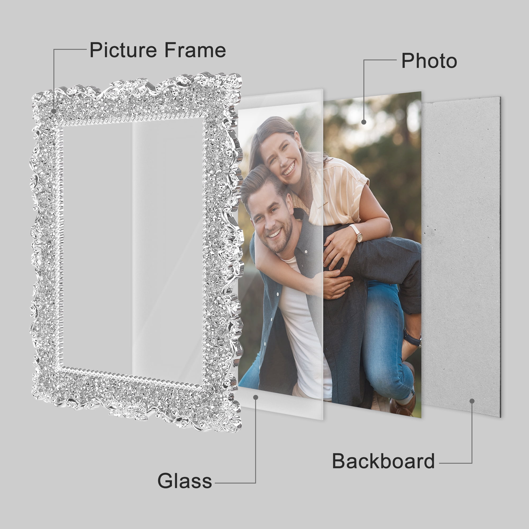 Unique Bargains Plated Picture Frame with Crystal Photo Frames Silver Oval Shape Silver Rectangle -2Pcs 8x10