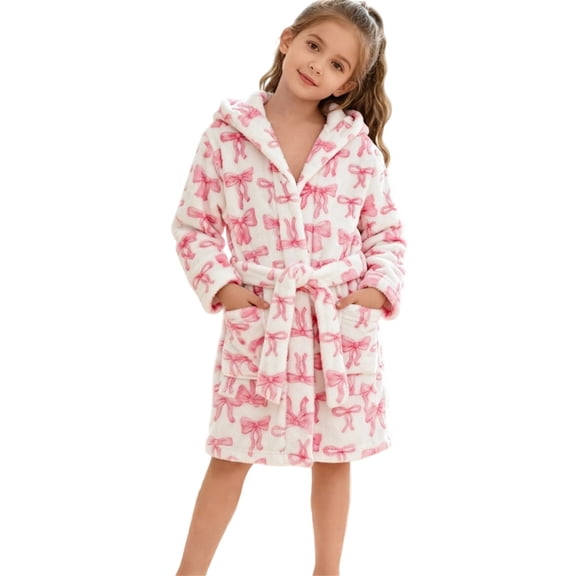 Tfken Girls Pajamas Robe Bowknot Graphic Sleepwear Long Sleeve Hooded Bathrobe With Pockets Loungewear Homewear Casual Winter Nightwear Toddler Classic Clothes Size 9-10 Years