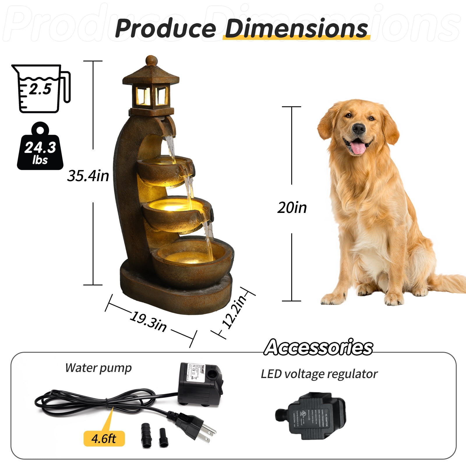 Mintazer 35.4" Pagoda Lantern Cascading Waterfall Fountain with LED Lights, Outdoor Garden Fountain for Patio Porch Backyard Landscape
