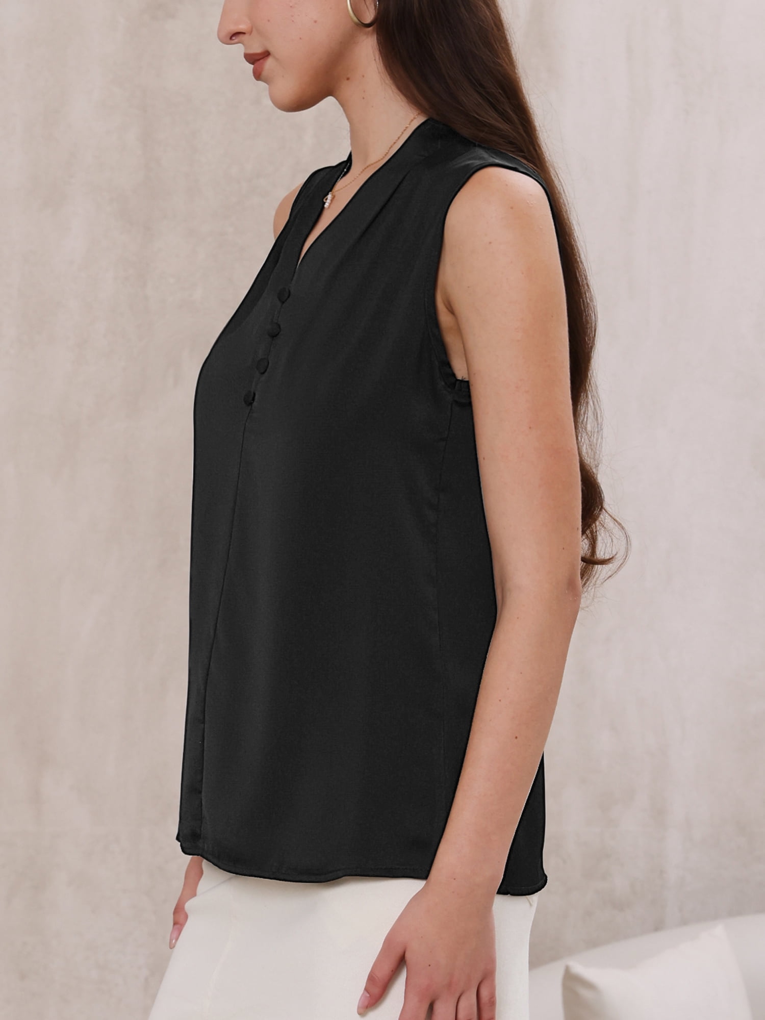 DARING DIVA Women's Satin Tank Top Sleeveless V Neck Business Satin Work Blouse L Black