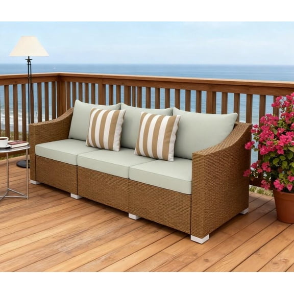 Outdoor Sofa, Rattan Wicker Seater Patio Couch,Outdoor Furniture Rattan Sofa,with Cushions,Throw Pillows, Light Gray,Natural Wood Patio Furniture,Cotton,Foam,Polyester,Rattan,Steel Outdoor Sectional