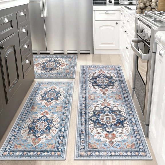 Findosom 3pcs Kitchen Rugs Set,Washable Boho Farmhouse Kitchen Mats for Floor,Non Slip Kitchen Floor Mat Carpet Runner Rugs for Entryway Hallway Laundry Home Decor 20"x32" 20"x47" 20"x59" Blue