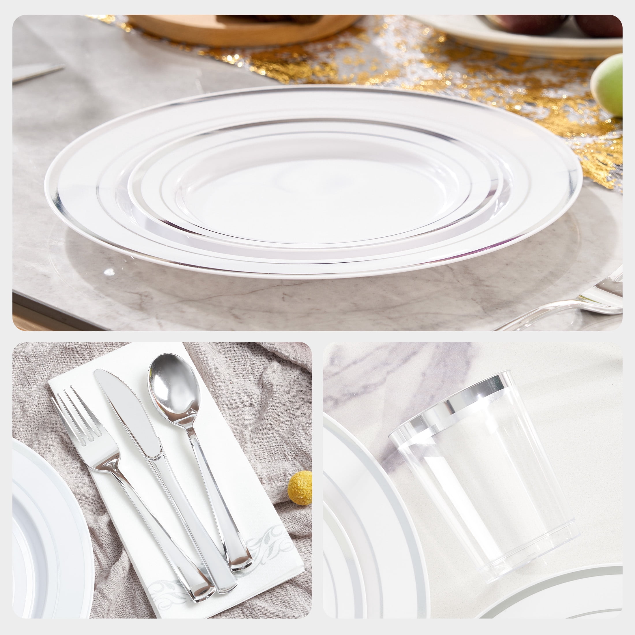 Daluvenix 350 Silver Plastic Dinnerware Set for 50 Guests, Silver Plastic Plates for Party, 50 Disposable Plates, 50 Dessert Plates, 50 Napkins with Silverware, 50 Cups