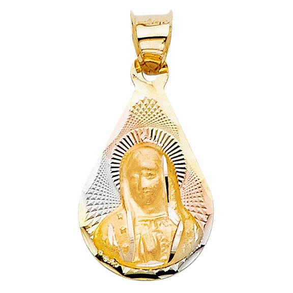 14k Tri Color Gold Diamond Cut Mother Mary Teardrop Charm Pendant 18mm