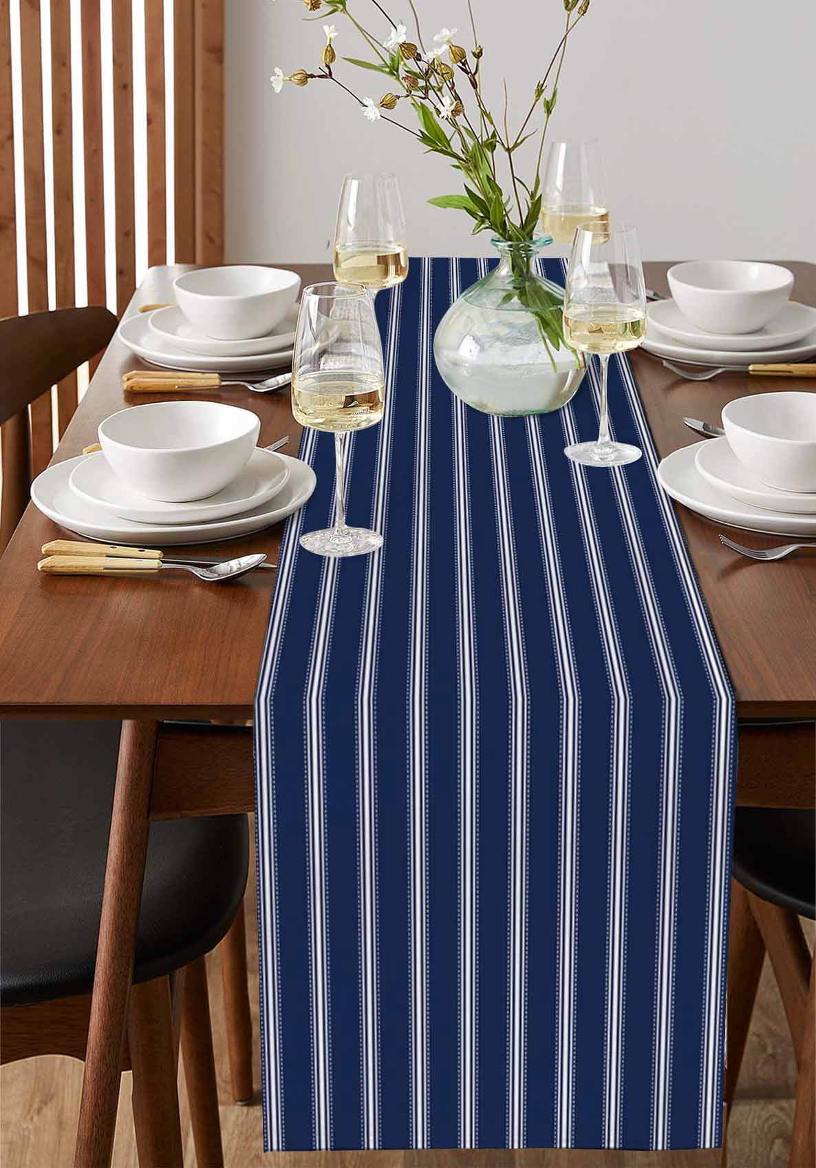 ERUNPONLY Navy Blue Striped Table Runner - 48 Inch Long Navy Blue White Farmhouse Stripes Cotton and Linen Blended Dress Scarves Farmhouse Table Runner for Kitchen Dining, Coffee Table, 13" x 48"