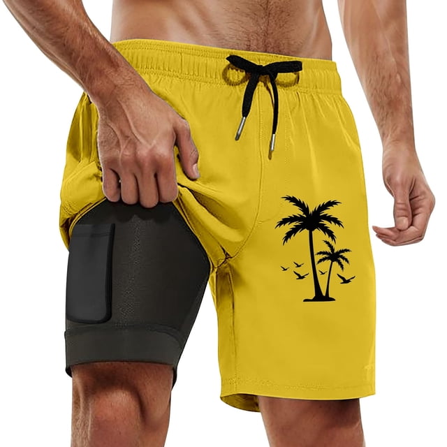 Men's Shorts Swim Trunks Compresssion Liner Inseam Board Shorts Bathing Suit With Pockets Sweat Shorts Men Yellow XXXL