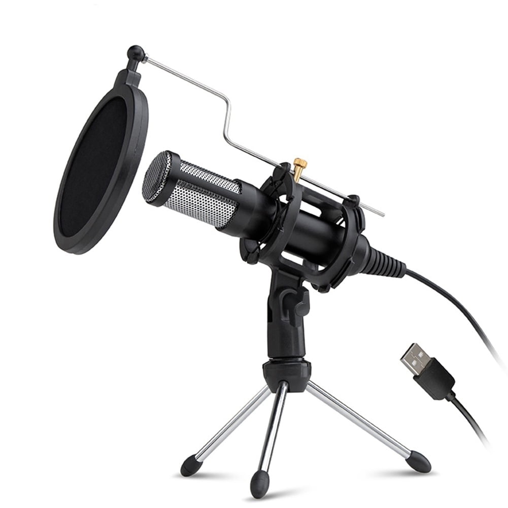 Kepooman Portable Plug & Play Computer Microphone with Adjustable Tripod Stand & Wind Screen Shield, Black