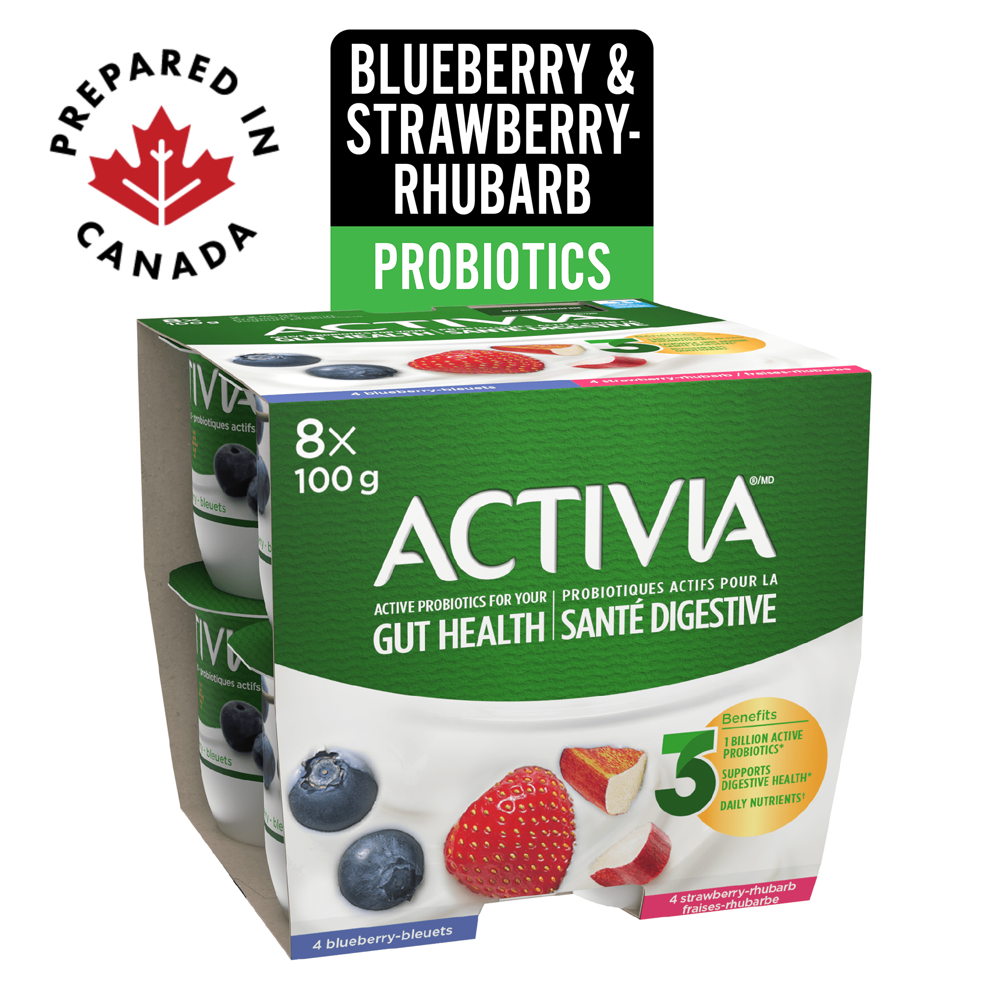 Activia Probiotic Yogurt, Strawberry-Rhubarb/Blueberry, 8x100g