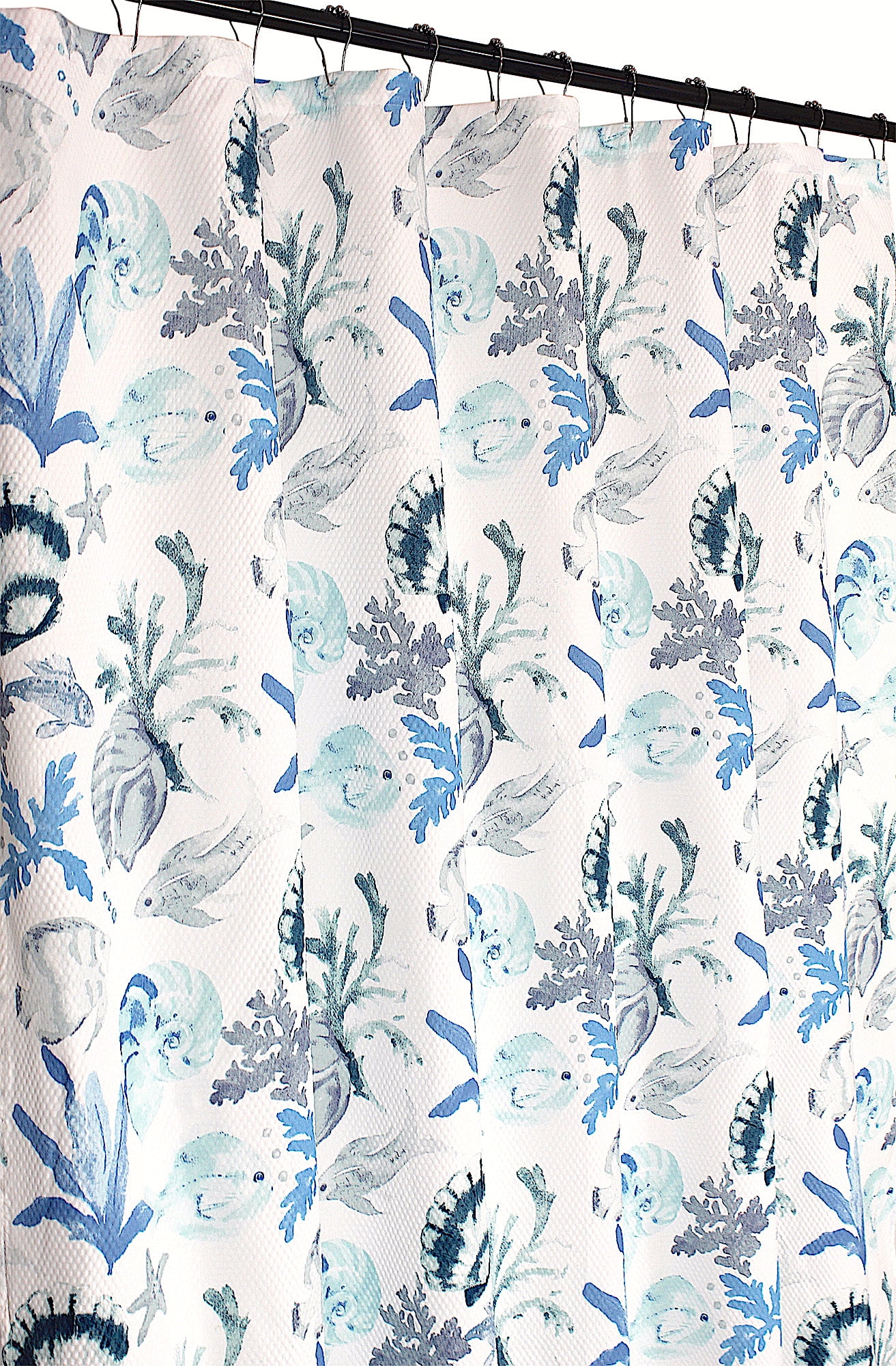 Navy Blue Aqua White Fabric Shower Curtain for Bathroom: Ocean Shells