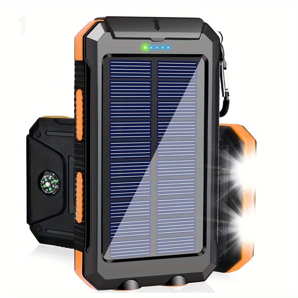 30000mAh Solar Power Bank, Portable Solar Charger with Dual 5V USB Ports, Dual LED Flashlight & Compass, Backup Battery for Cell Phones & Electronics, Camping Use, Orange & Black Available