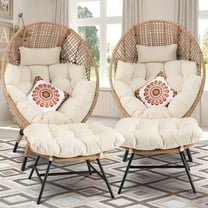 RADIATA Indoor Outdoor Patio Oversized Wicker Egg Chair with Ottoman, Beige Lounge Basket Chair with Cushion, 2PCS 440 lbs Capacity
