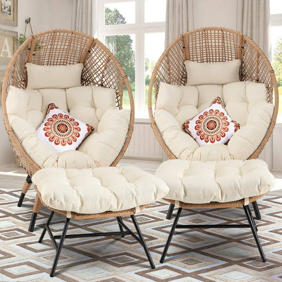 RADIATA Indoor Outdoor Patio Oversized Wicker Egg Chair with Ottoman, Beige Lounge Basket Chair with Cushion, 2PCS 440 lbs Capacity