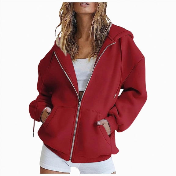 KPOPLK Sweatshirts Hoodies for Women Drawstring Zip up Long Hooded Jackets Outwear(XL,Red)