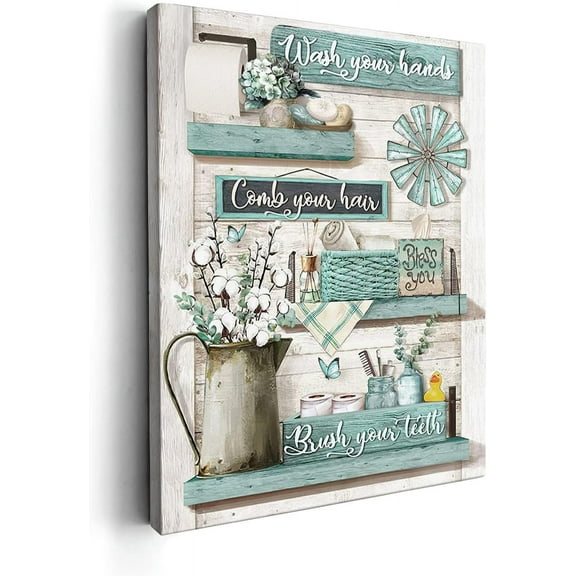 VELVET Farmhouse Bathroom Decor Wall Art Cute Bathroom Sign Poster Country Bathroom Pictures for Wash Your Hands Rustic Wall Canvas Print Painting for Bathroom Decor Turquoise 16x20inch Framed