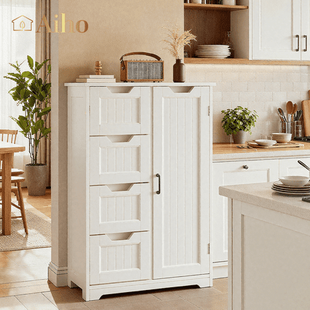 Aiho 23.6" L Kitchen Pantry Storage Cabinet with 1 Door & 4 Drawers & 3 Adjustable Shelves, Modern Kitchen Storage Cabinets for Living Room, Dining Room, White