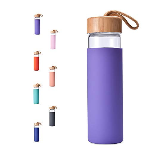Yomious 20 Oz Borosilicate Glass Water Bottle with Bamboo Lid and Silicone Sleeve – Reusable BPA Free Drinking Bottle with Lids - Cute Bottle for Women - Glass Shaker Bottle (Ultra Violet)