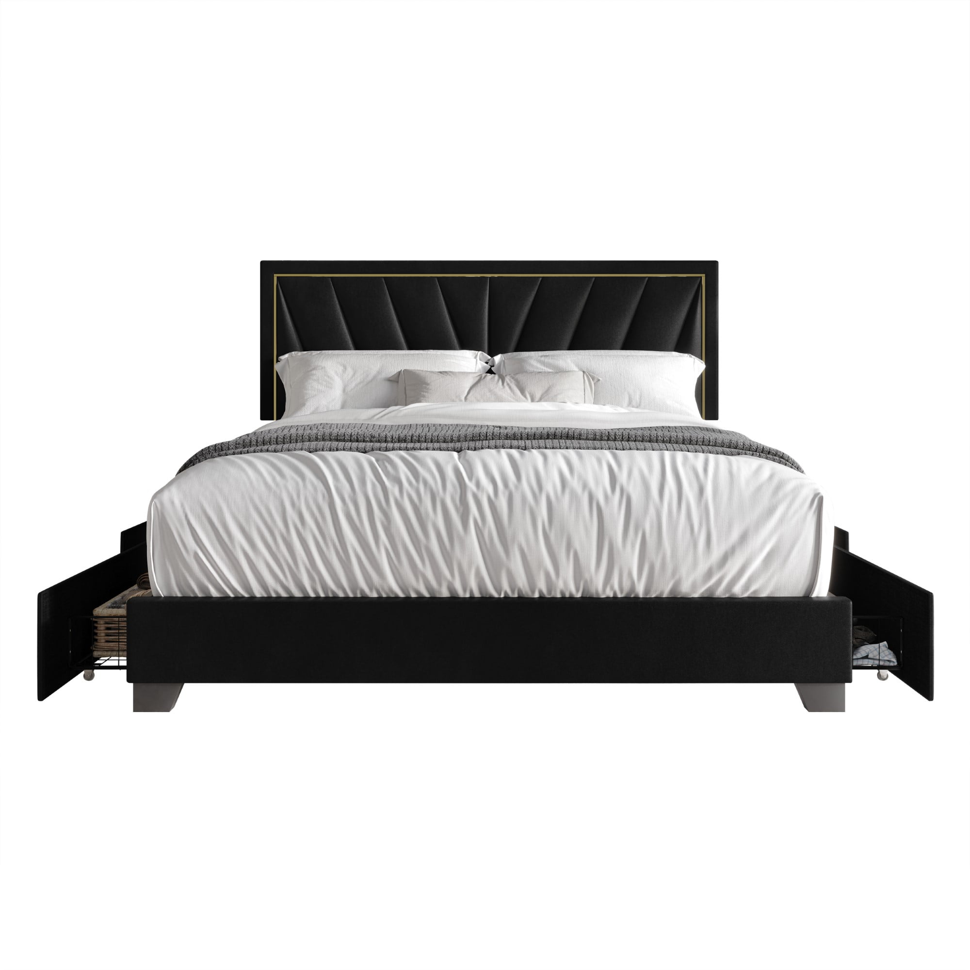 Home Design Valdez King Upholstered Storage Platform Bed Frame with Gold Aluminum Trim and Four Under-Drawers, Black, Easy Assembly