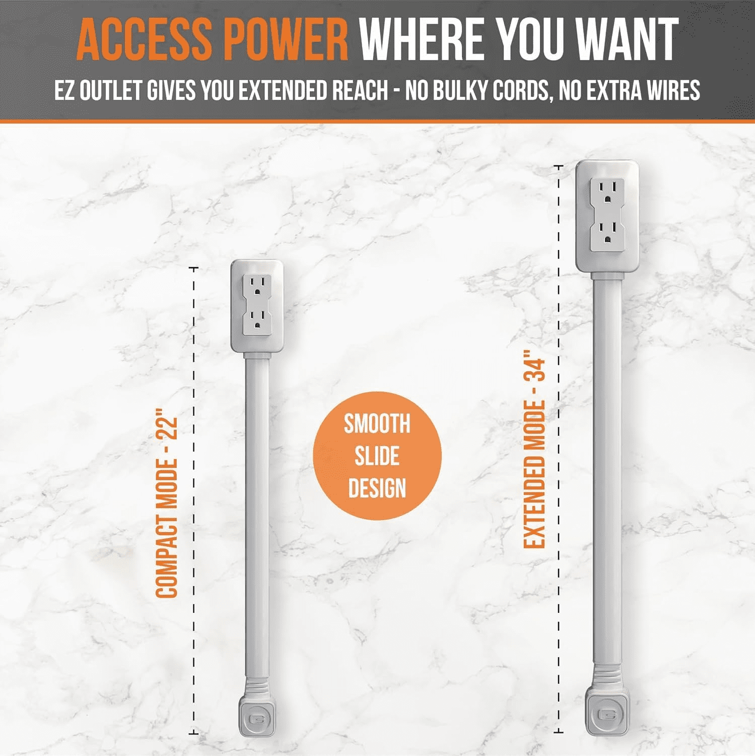 Adjustable Outlet Extender - 270° Rotatable, with USB-C, 2 USB-A & 2 AC Outlets, Extends 22"-34"(55.9-86.4cm), Ideal for Hard-to-Reach Outlets Behind Nightstands, Sofas & Desks