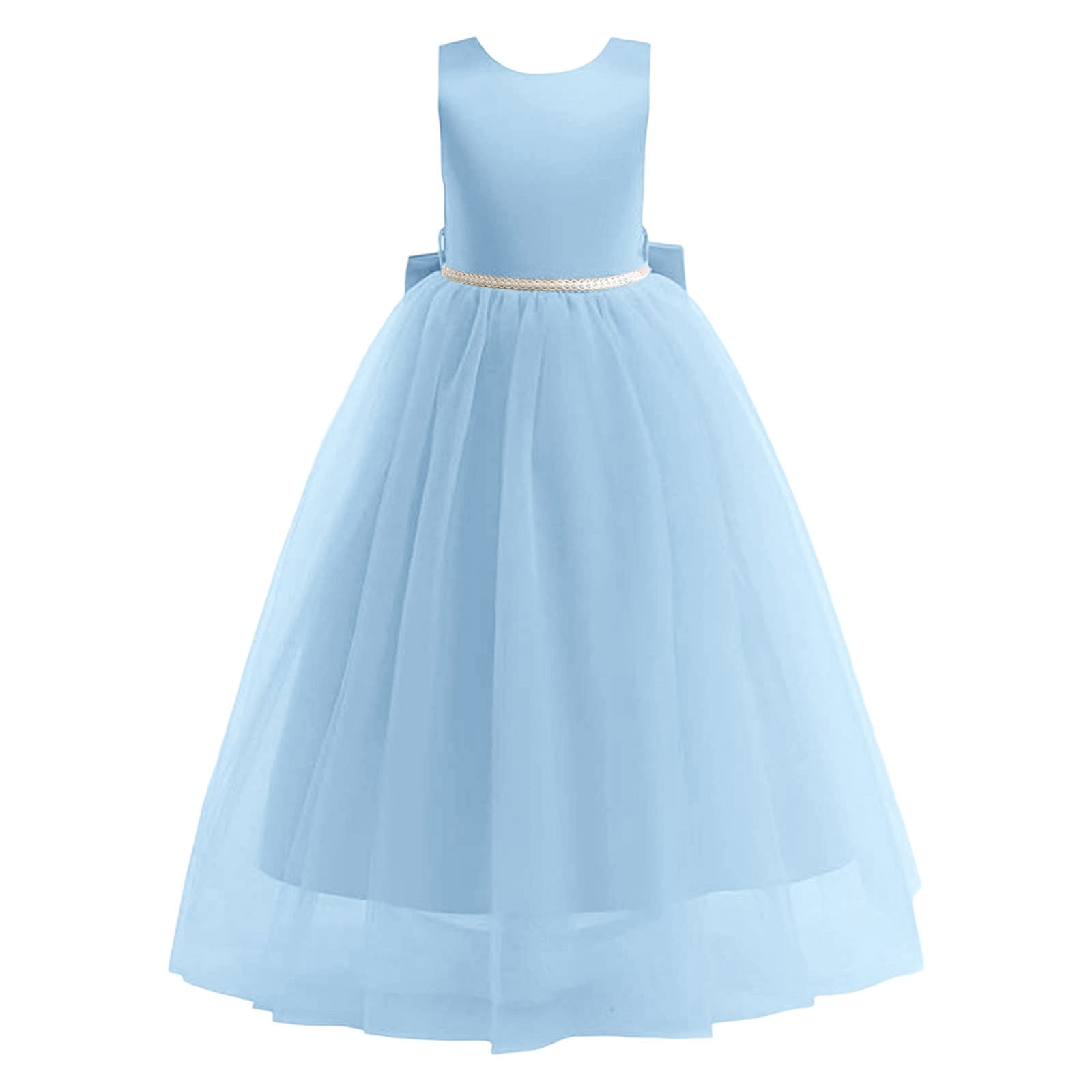 Wdgfv Flower Girls Satin Pageant Dress Wedding Kids Pearls Prom Gowns Elegant Bow Knot Formal Occasion Outfit BU1 6-7 year