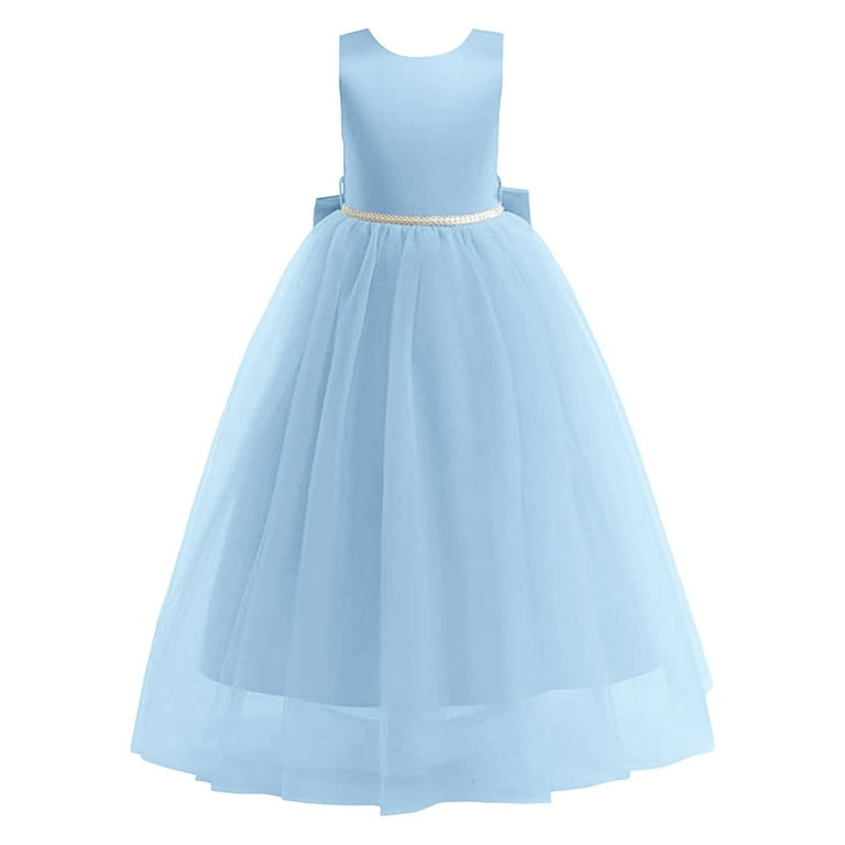 Lujianch Flower Girls Satin Pageant Dress for Wedding Kids Pearls Prom Gowns with Bow Knot Girls Formal Dresses Size 9-10 Years