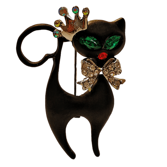 Cat Shape Green, White Rhinestone Brooch