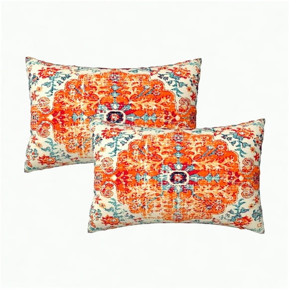 Ensemble de Housses de Coussin Boho Ethnique Farmhouse - 12x20 Pouces Housse de Coussin Décorative pour Canapé, Salon Extérieur Canapé - Motif Tapis Orange Bleu
