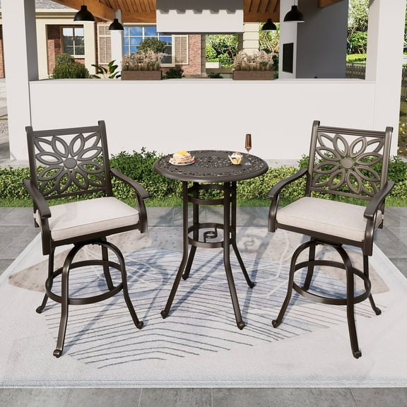 Summit Living 3-Piece Cast Aluminum Outdoor Swivel Bar Stool Bistro Set, High Top Counter Height Patio Bar Chairs with Seat Cushions & Bar Round Table with Umbrella Hole, Brown & Beige