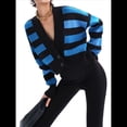 thumbnail image 2 of Suéter de Rayas con Bloques de Color para Mujer, Cárdigan de Larga con Botones y Cuello en V, Prenda de Punto de Moda. Azul Pavo Real M, 2 of 10