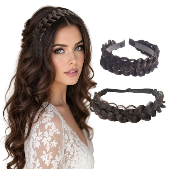 GIRACOA 2Pcs Dark Brown Messy Braided Headband & Bun Hair Piece Set, Synthetic Hair Braided Headband with Teeth & Elastic Stretch Hair Band, Boho Chunky Braid Hair Accessories for Women