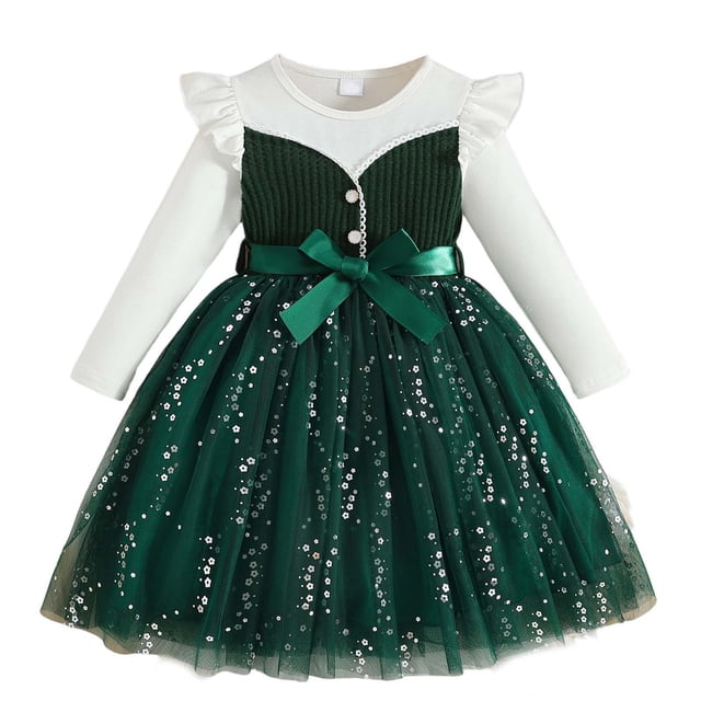 Vestido de Manga Larga para Niñas con Nudo de Arco Y Cinturón, de Moda de Color Sólido de Malla de Manga Larga para Niños 3-10 Años
