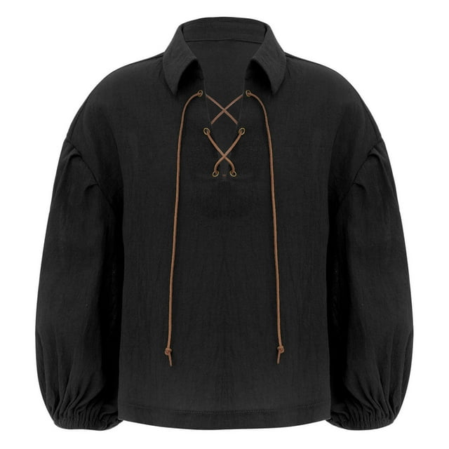 Aislor Chemise Médiévale pour Garçons Pirate Rétro Renaissance Coloniale Cosplay Manches Longues Lacets Mercenaire Écossais Noir 3TG