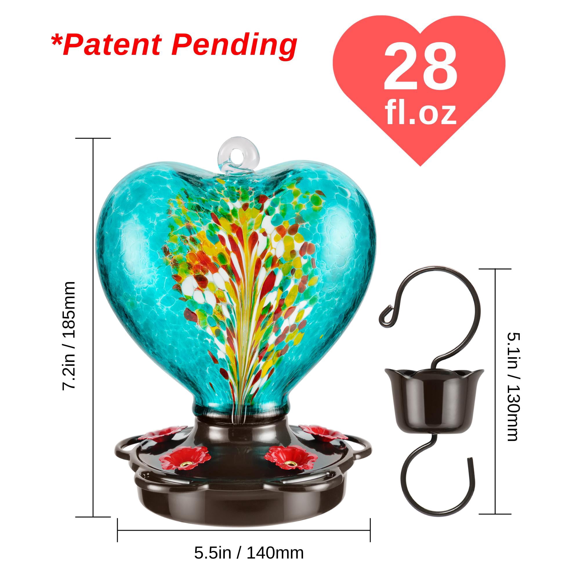 Heart Shaped Hummingbird Feeder for Outdoors Hanging, Hand Blown Glass, 28 fl.oz, Leak Proof & Rustproof, Includes Ant Moat, Stylish Garden, Outside & Backyard Decor, Gift for Bird Lovers, Purple