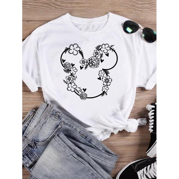 Disney Fashion Leopard Love Ear Trend Women Cartoon Print Clothing Mickey Mouse Tee Shirt Casual Graphic Short Sleeve T-shirtsL Gao Jinjia LED