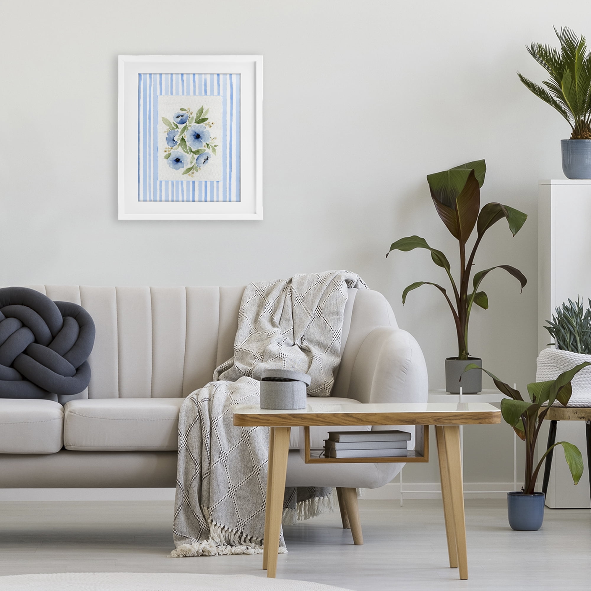 Stupell Industries Flowers With Stripe Border White Framed Print Under Glass, design by Leah Noel Art