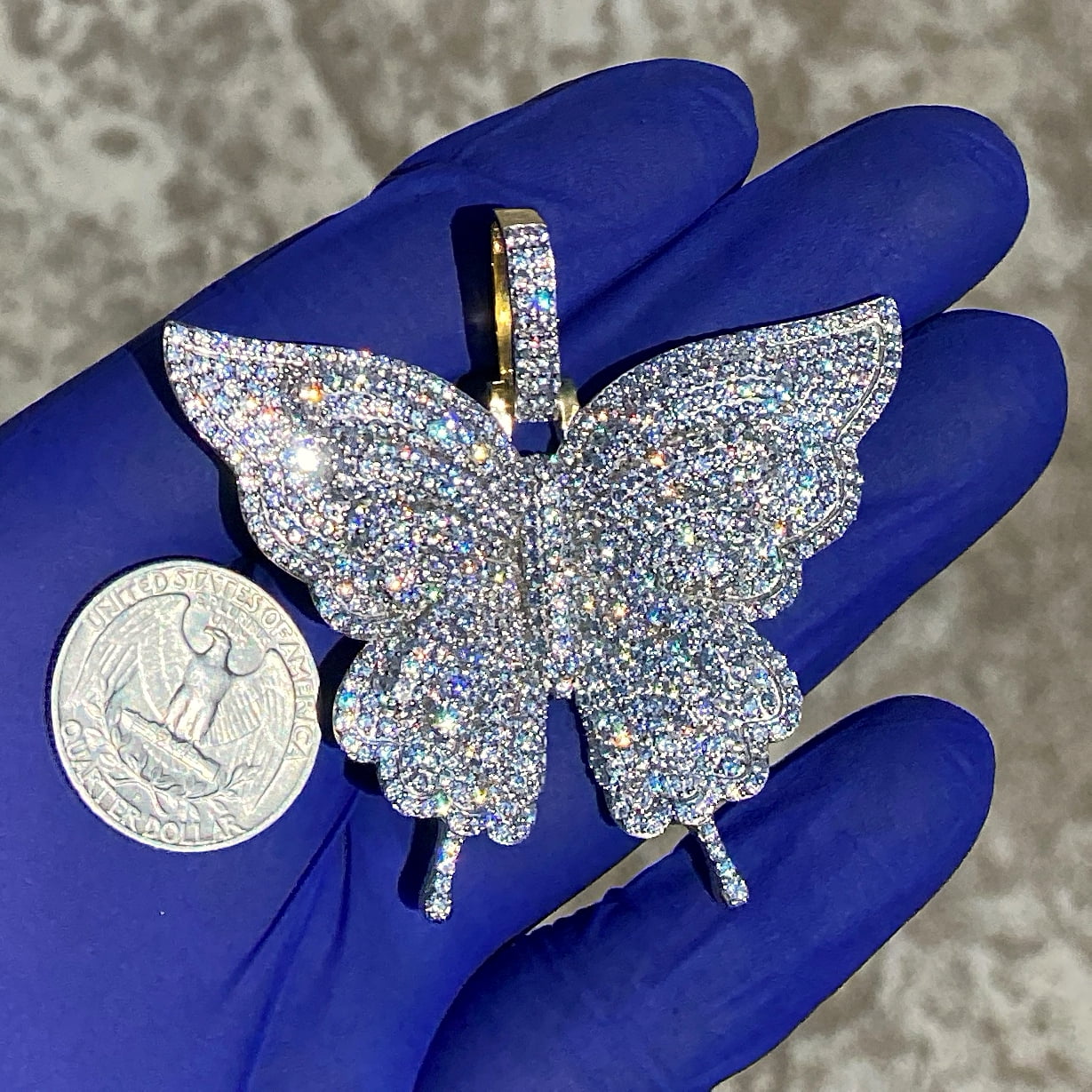 Real 925 Sterling Silver w/Gold Finish Flooded Micro Pave Iced Bling Butterfly Pendant Large 2.5" Inch