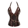 thumbnail image 3 of Disfraz de pirata para mujer, ropa medieval vikinga Steampunk, corsé de caballero gótico, chaleco de cuero con cuello halter para Halloween, 3 of 5