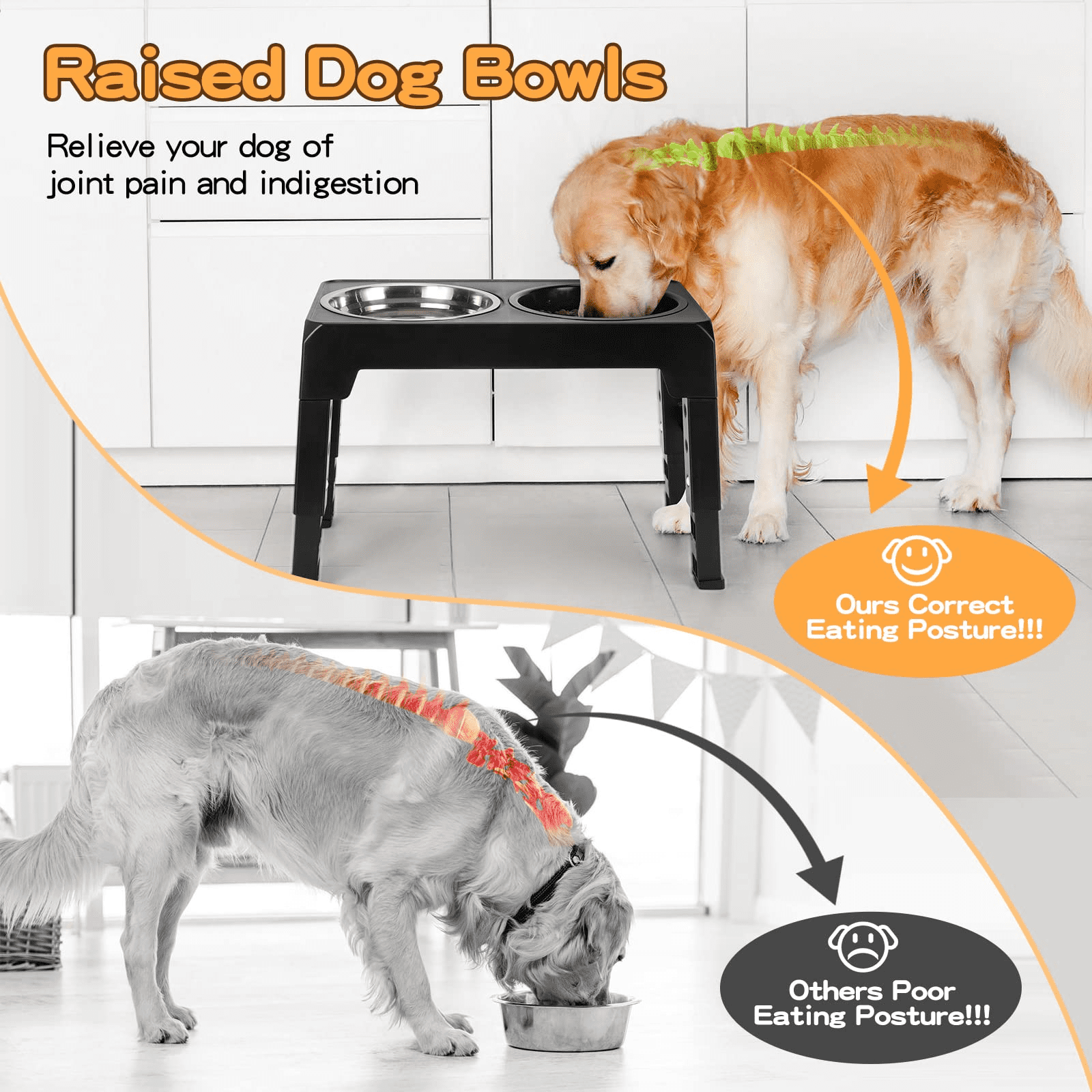 Elevated Dog Bowls with Slow Feeder, 4 Adjustable Heights Raised Pet Bowl Stand Feeder Bowl with 2 Stainless Steel Food & Water Bowls for Large Medium and Small Dogs