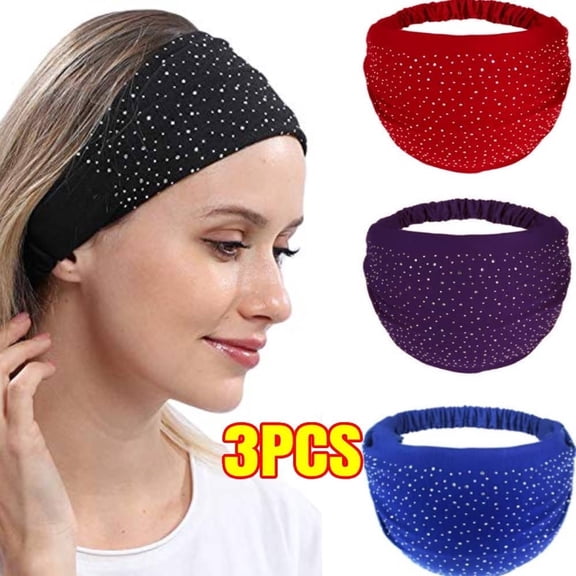 3PCS Crystal Wide Headbands Rhinestone Head Bands Black Turban Headband Elastic African Head Wraps Sport Hair Bands for Women