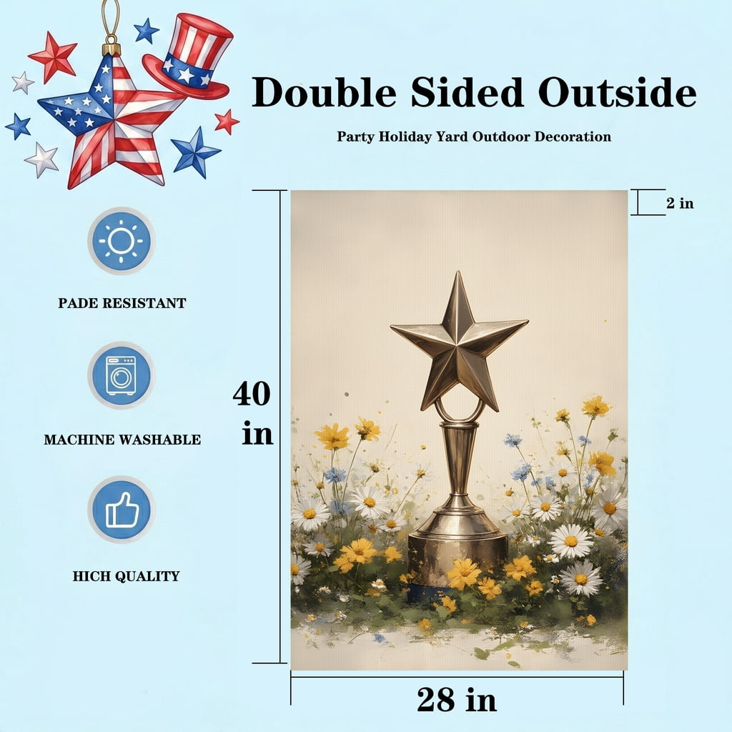 4th of july garden flag A gold star trophy surrounded by daisies in a field. - independence day flag Large 28x40 Inch Decor Size americana home decor