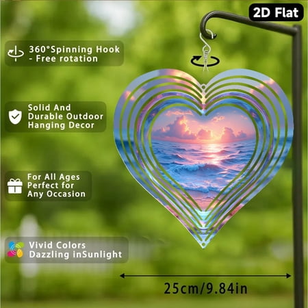 HELLOYOUNG 2D Flat Metal Wind Chime, Heart-Shaped Ocean Calm with Sunset Reflection in Glass, Playful Seashells & Flowers Decor, Hanging Piece for Beach Lovers, Valentine’s Day