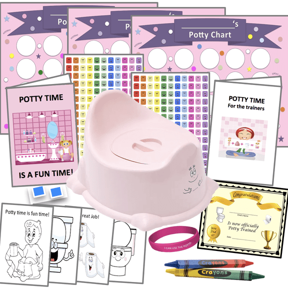 Ultimate Potty Training Kit-Pink Potty Seat with lid (6wks) 324 Pieces- 3 Charts, 308 Stickers, Certificate, Bracelet, 4 Color Sheets, 2 Crayons (4 Color) Wall Putty- 18 mos- 4 yrs, Bundle Boards