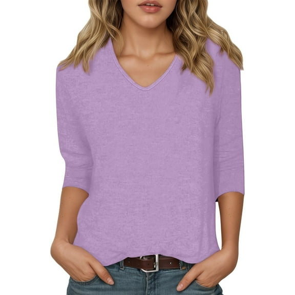 Razzly Women's V Neck 3/4 Sleeve Casual T Shirt Soft Comfortable Basic Top Stylish Loose Fit Tee For Everyday Wear(Light Purple,M)
