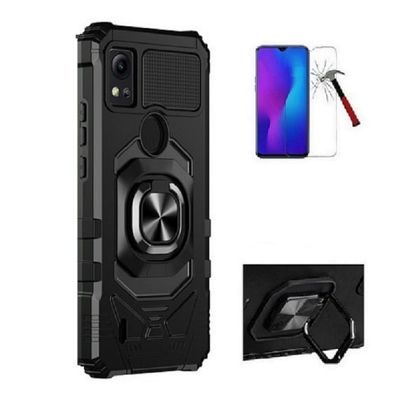 Phone Case for Cricket Icon 5/AT&T Motivate 4, Ring Kickstand Hybrid Case Cover   Tempered Glass (Black)