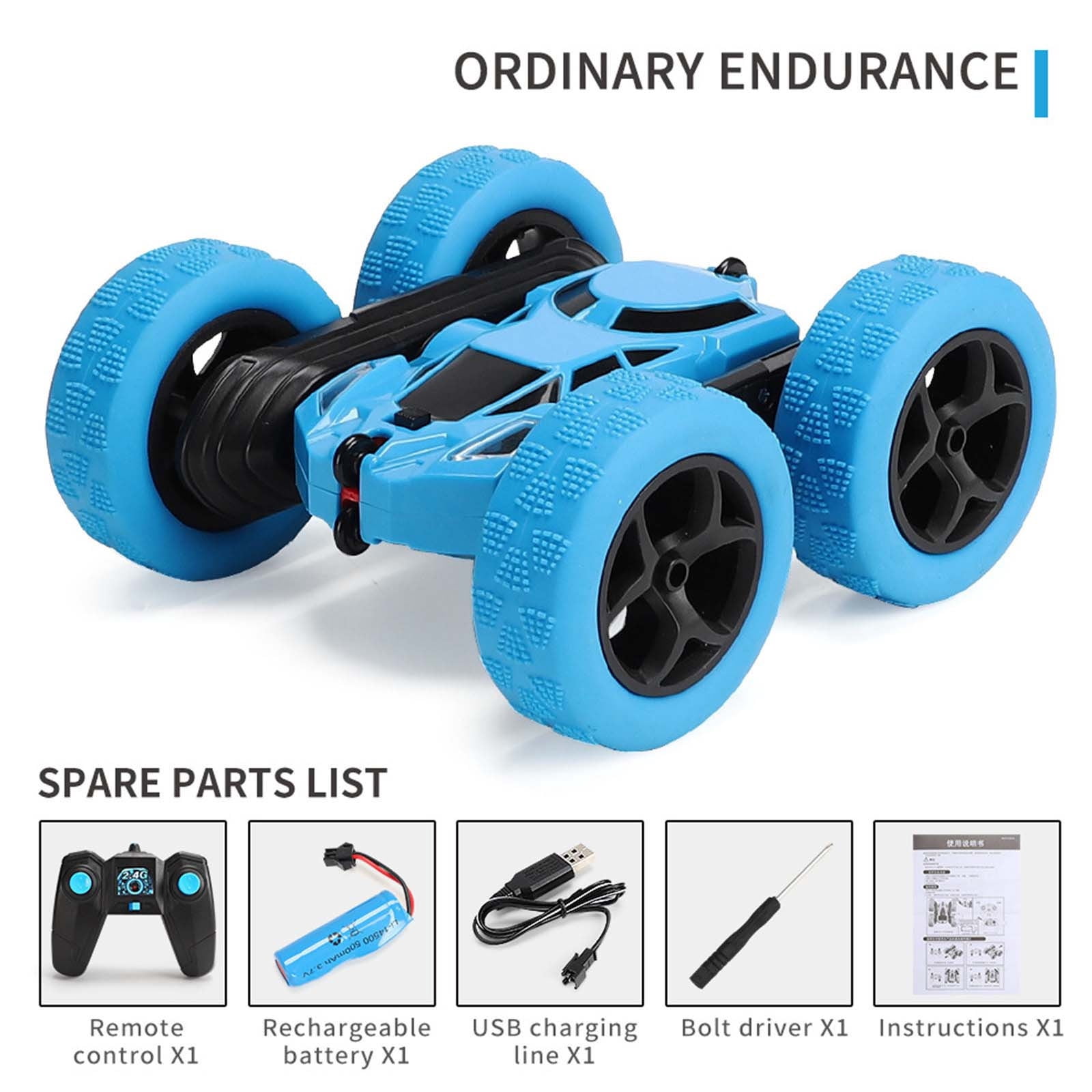 Blue Blue Rechargeable 360° Rotating Rc Stunt Car Double Sided Tumbling Vehicle With Led Lights Remote Control Toy