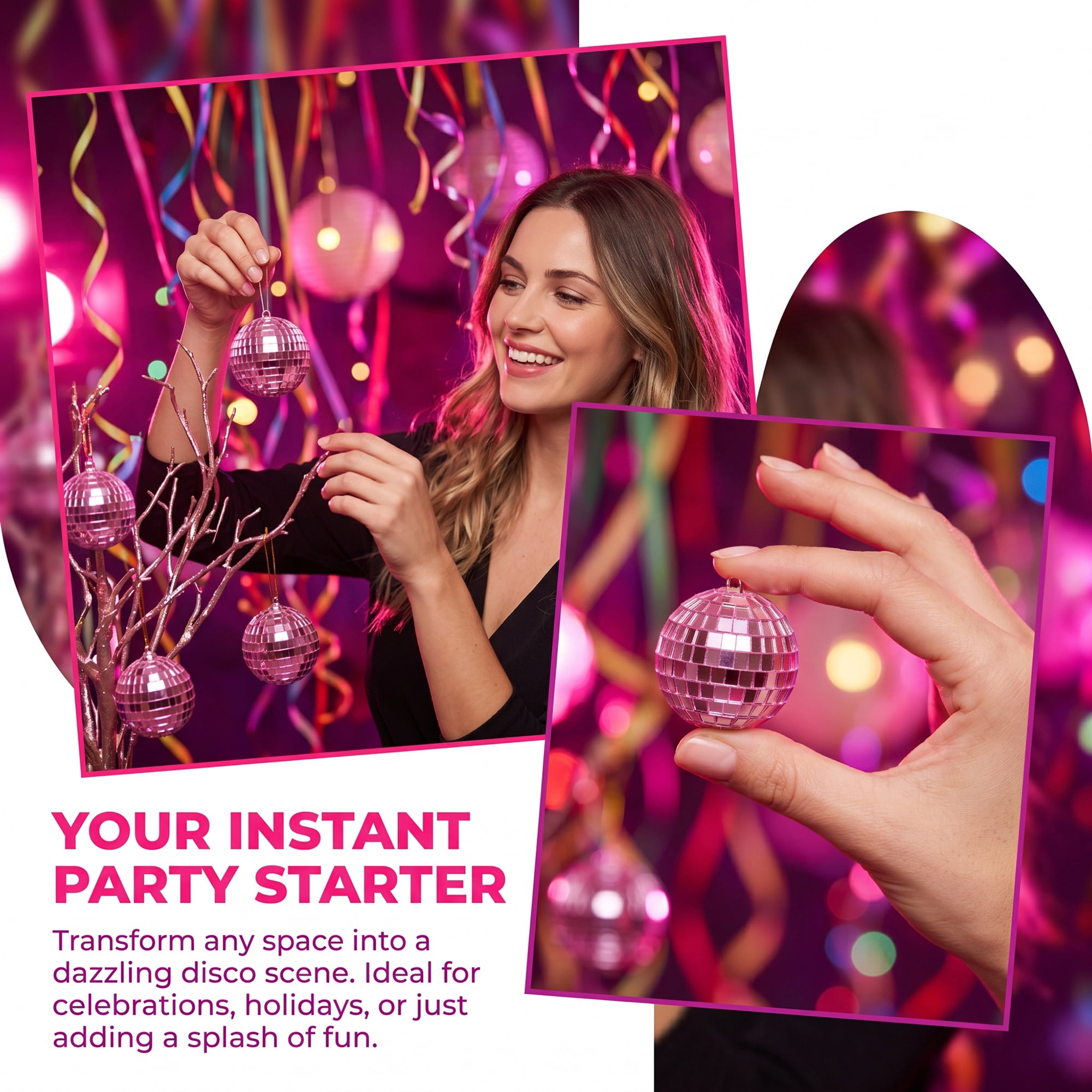 Unique Bargains 10Pcs Mirror Disco Balls for Hanging Sphere Orbs Pink 2"x2"x2"