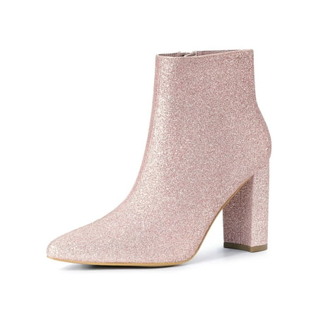 Allegra K - Women's Glitter Pointed Toe Block Heel Ankle Booties Pink ...