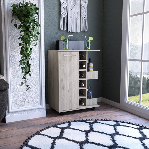 Gray Bar Cart Featuring Four , Six Wine Rack, Two External Shelves, Broad Cabinet Open Single Door Storage